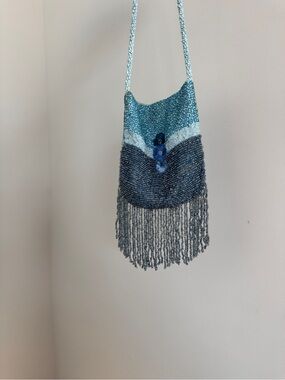 Beaded Teal and Navy Fringe Evening Clutch